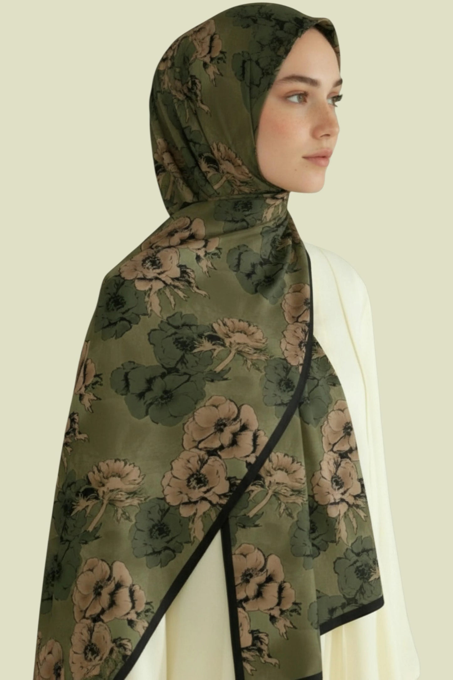 DEFNE - Haki Çiçek Desenli Cotton Şal