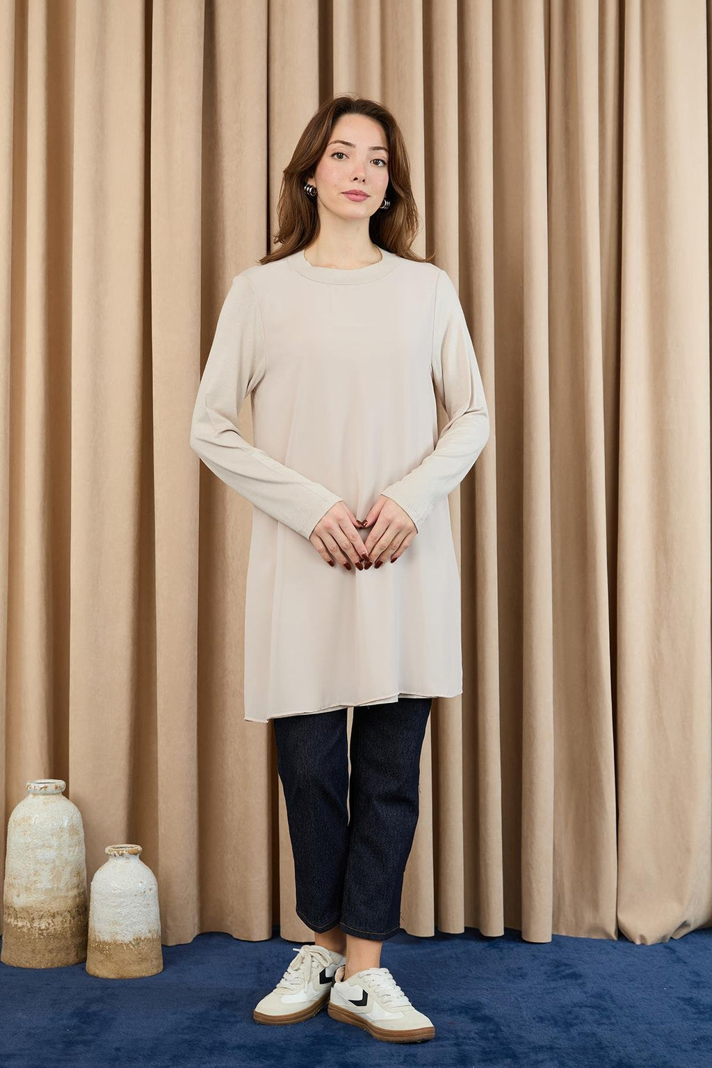 Kadın Balıkçı Yaka Tül Detaylı Bluz - Bej