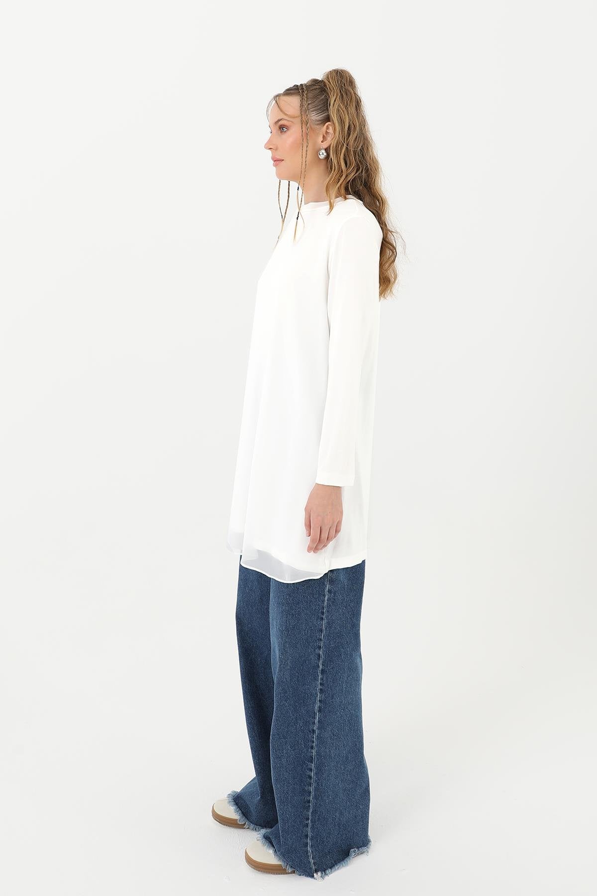 Kadın Balıkçı Yaka Tül Detaylı Bluz - Beyaz