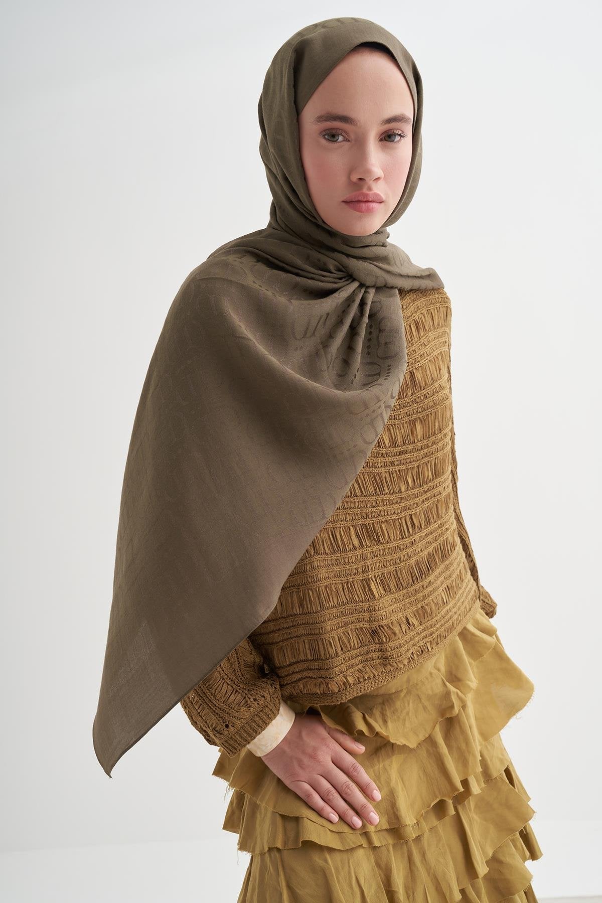 LİVA - Zeytin Yeşili Pamuk Şal