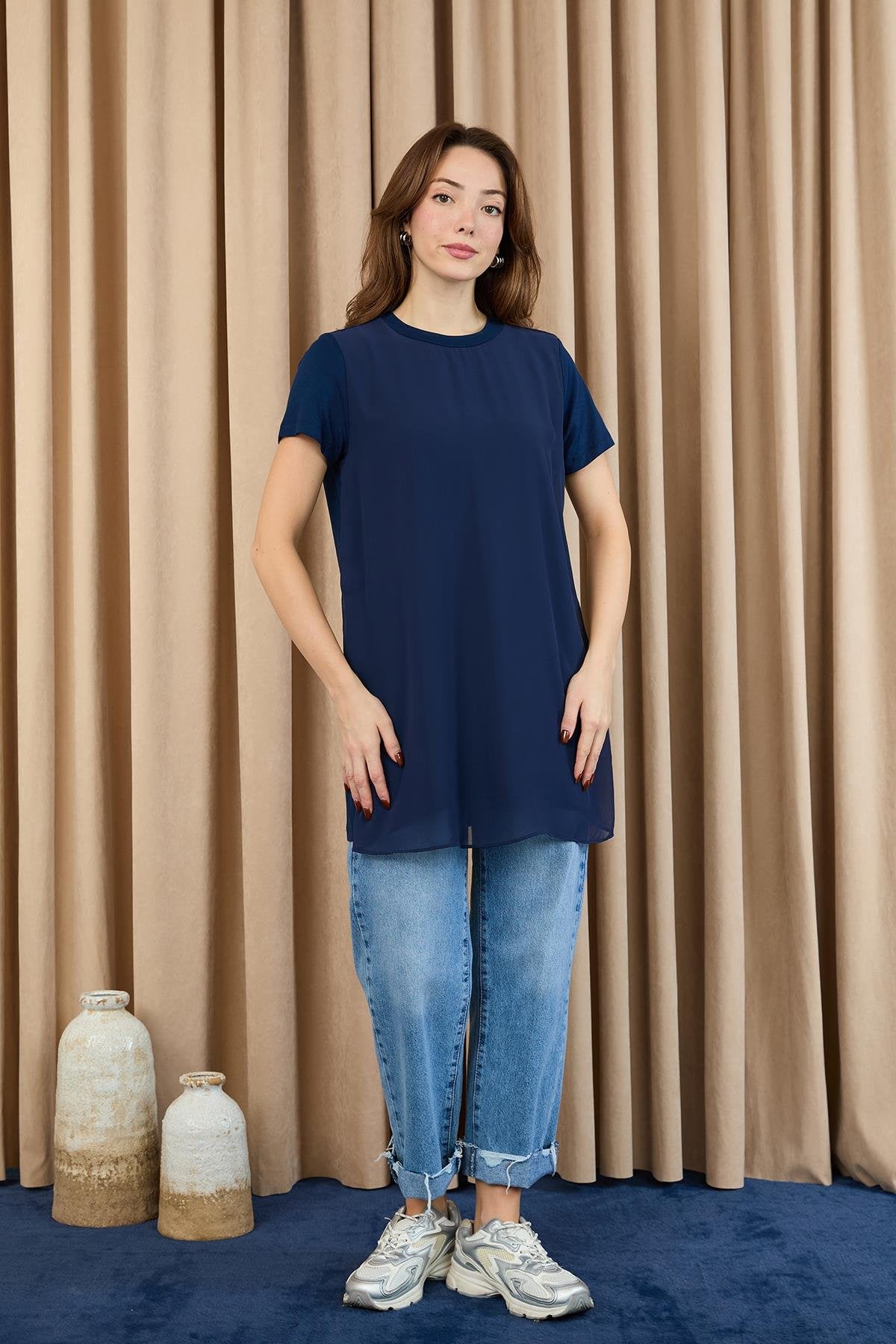 Tül Detaylı Basic Tunik T-Shirt - Lacivert