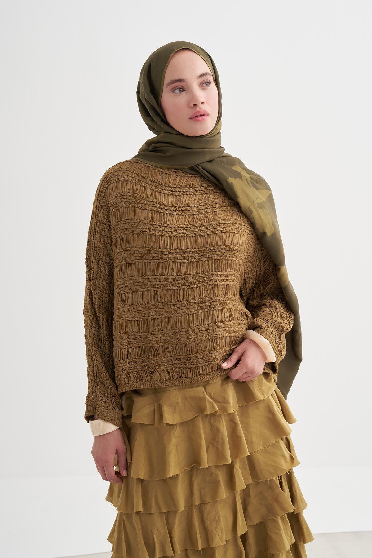 GİZLİ BAHÇE - Zeytin Yeşili Floş Şal