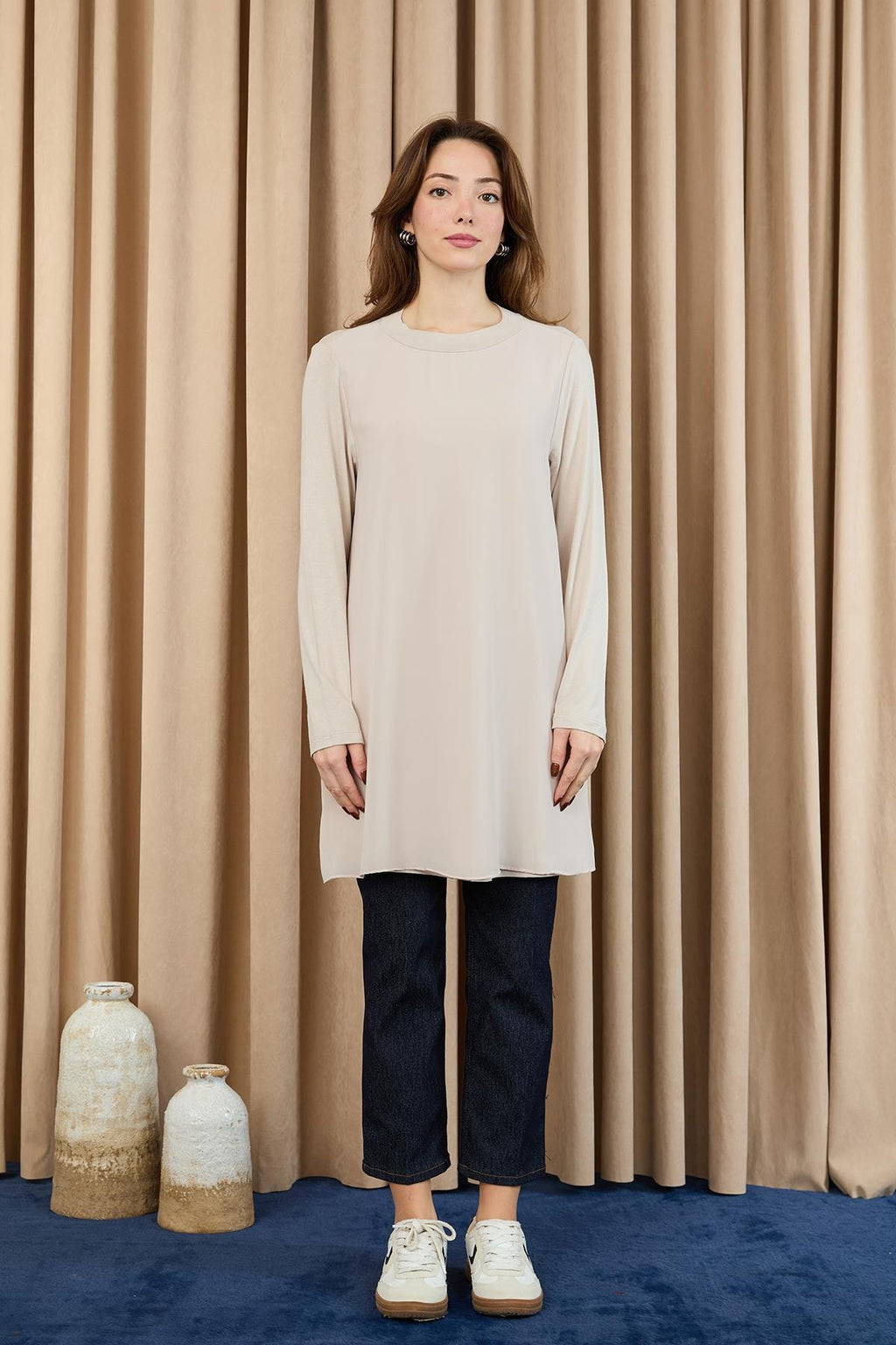 Kadın Balıkçı Yaka Tül Detaylı Bluz - Bej