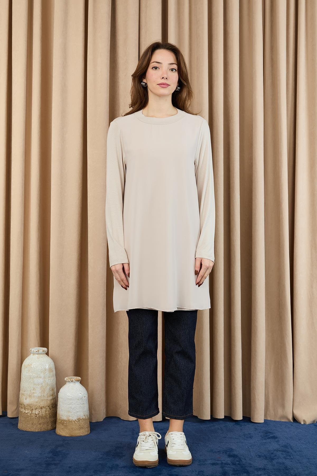 Kadın Balıkçı Yaka Tül Detaylı Bluz - Bej