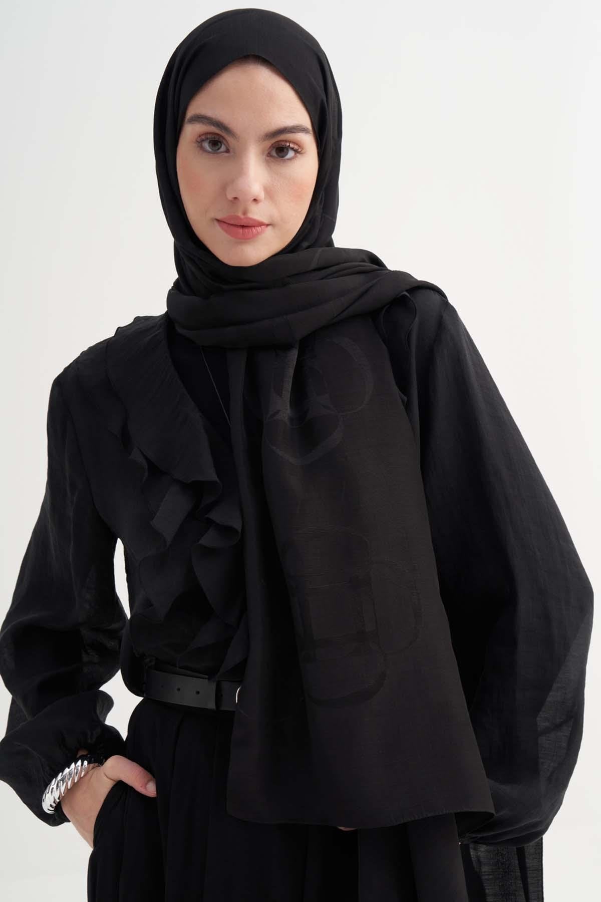 HALE - Siyah Floş Jakar Şal