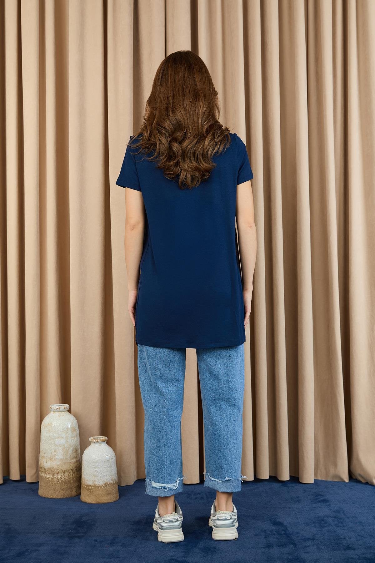 Tül Detaylı Basic Tunik T-Shirt - Lacivert