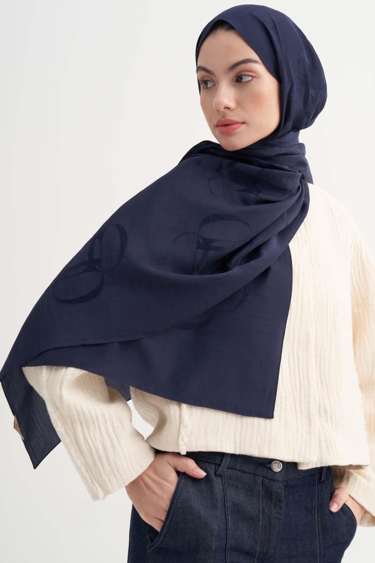 HALE - Lacivert Floş Jakar Şal