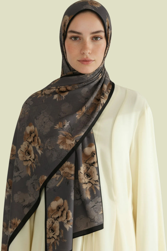 DEFNE - Antrasit Çiçek Desenli Cotton Şal