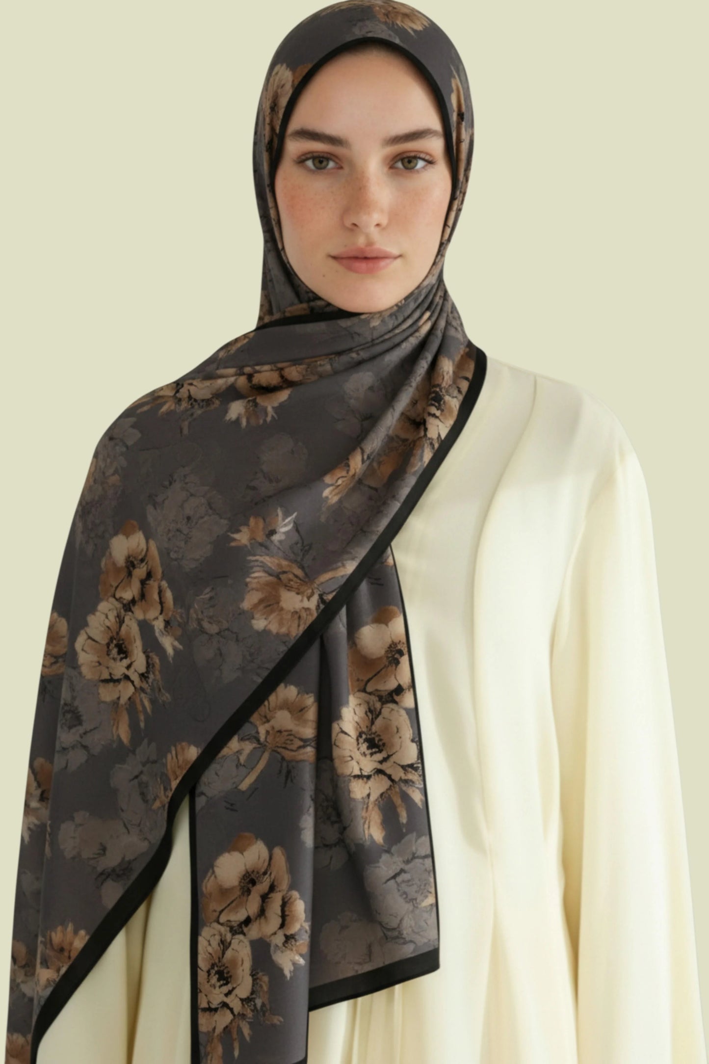 DEFNE - Haki Çiçek Desenli Cotton Şal