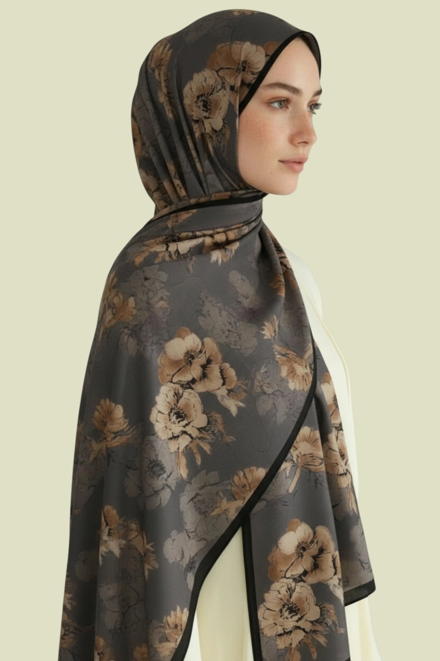 DEFNE - Antrasit Çiçek Desenli Cotton Şal