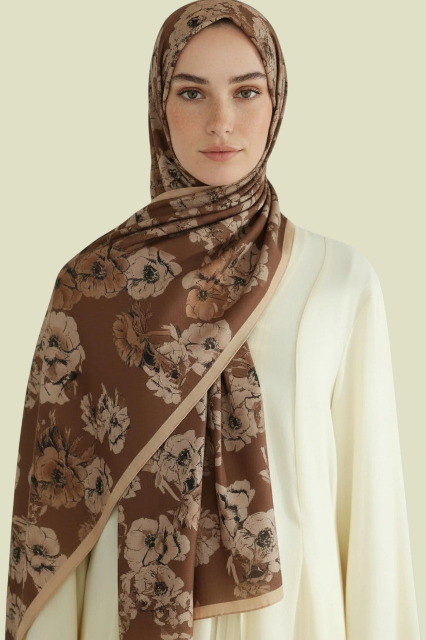 DEFNE - Haki Çiçek Desenli Cotton Şal