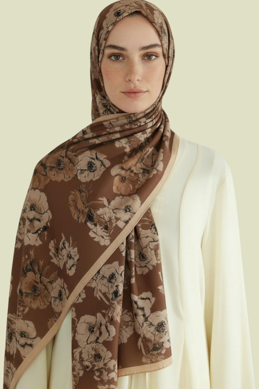 DEFNE - Kahve Çiçek Desenli Cotton Şal