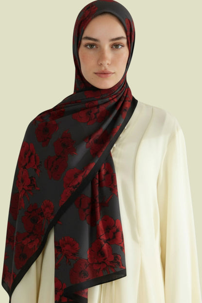 DEFNE - Kırmızı Çiçek Desenli Cotton Şal