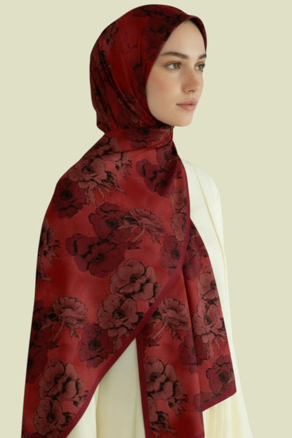 DEFNE - Kırmızı Çiçek Desenli Cotton Şal