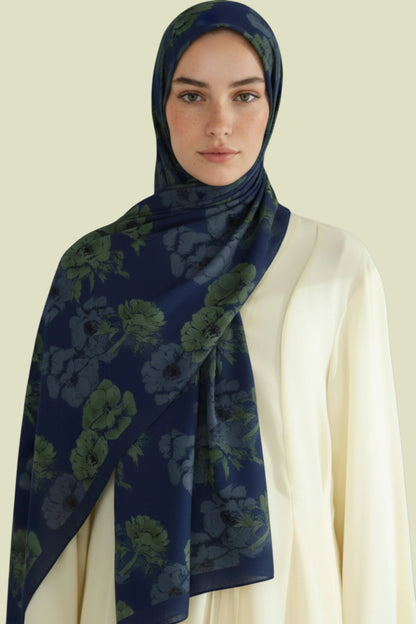 DEFNE - Antrasit Çiçek Desenli Cotton Şal