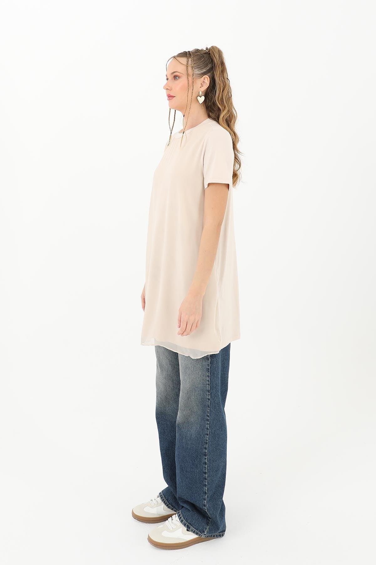 Tül Detaylı Basic Tunik T-Shirt - Bej