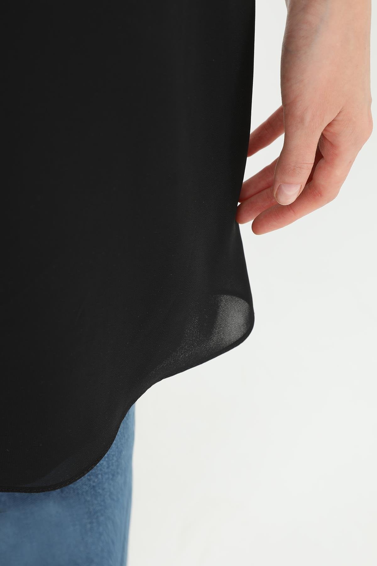Tül Detaylı Basic Tunik T-Shirt - Siyah