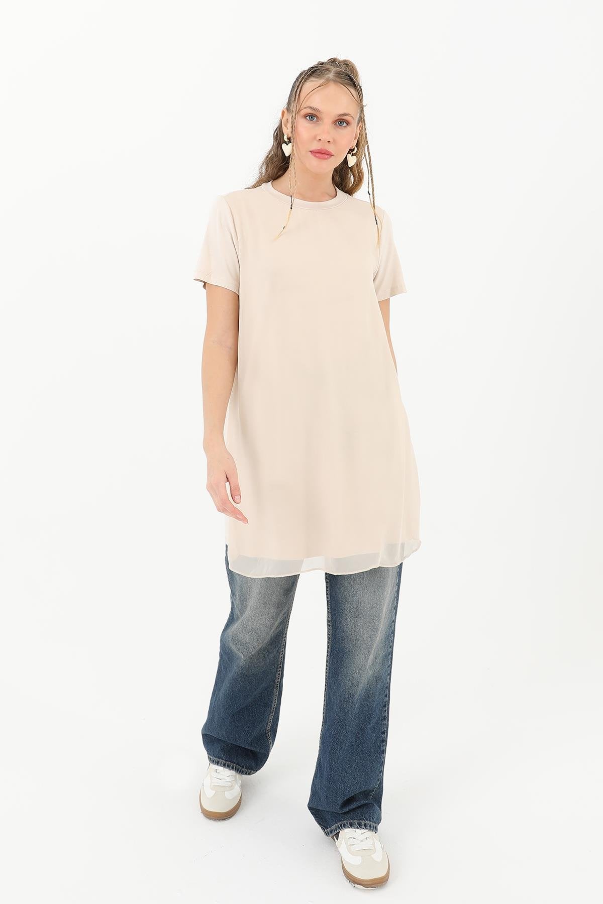 Tül Detaylı Basic Tunik T-Shirt - Bej