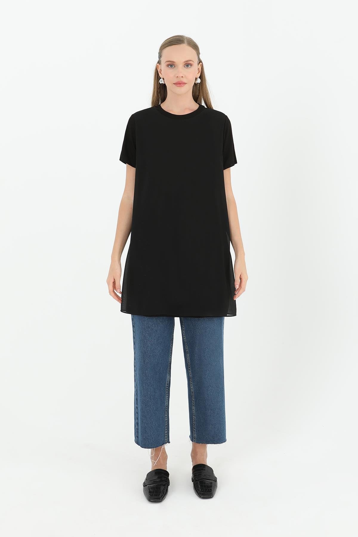 Tül Detaylı Basic Tunik T-Shirt - Siyah