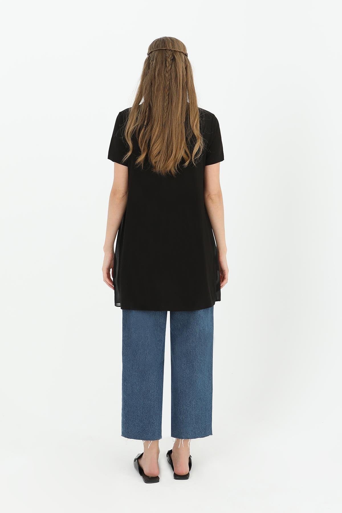 Tül Detaylı Basic Tunik T-Shirt - Siyah