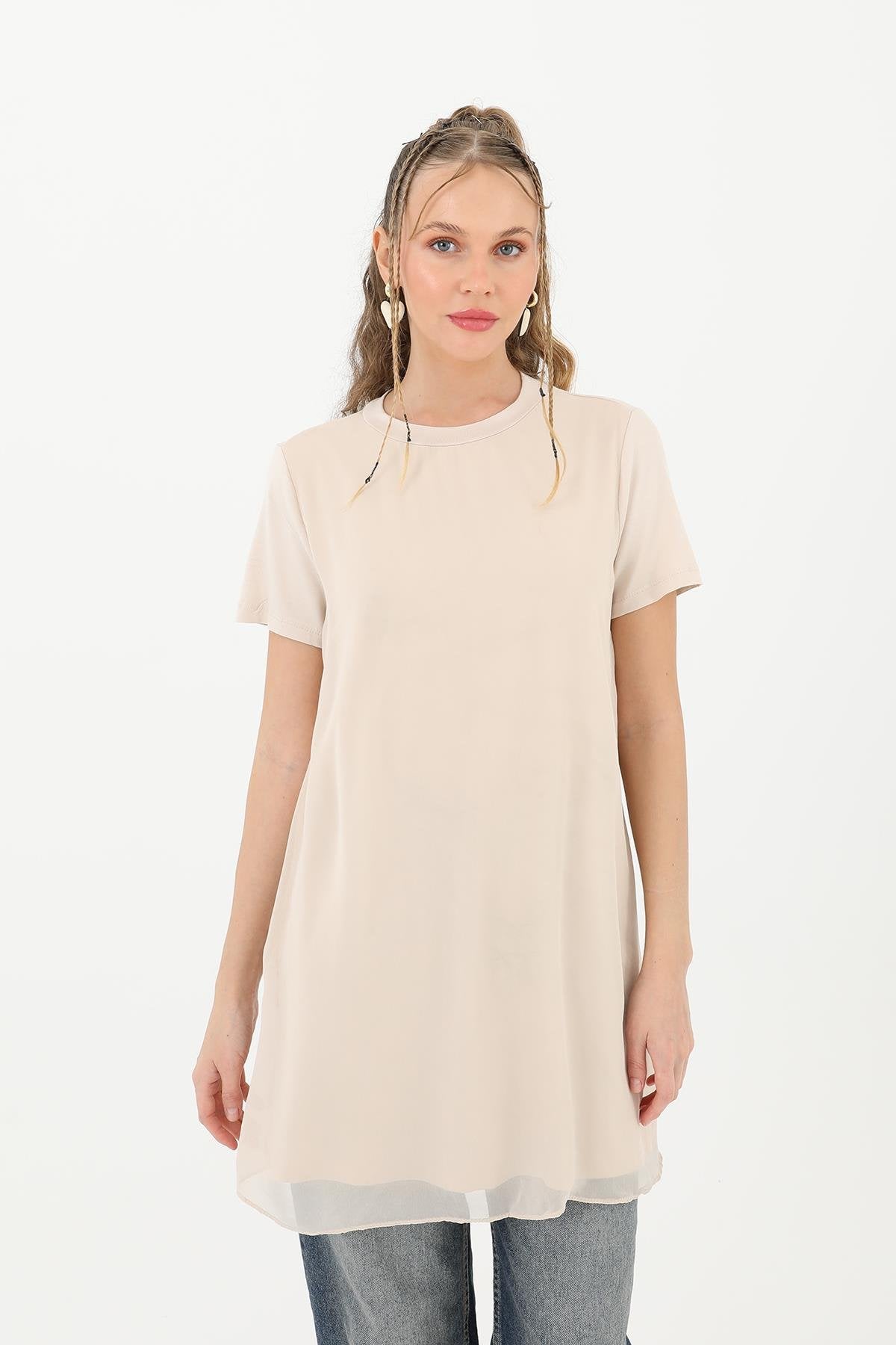Tül Detaylı Basic Tunik T-Shirt - Bej