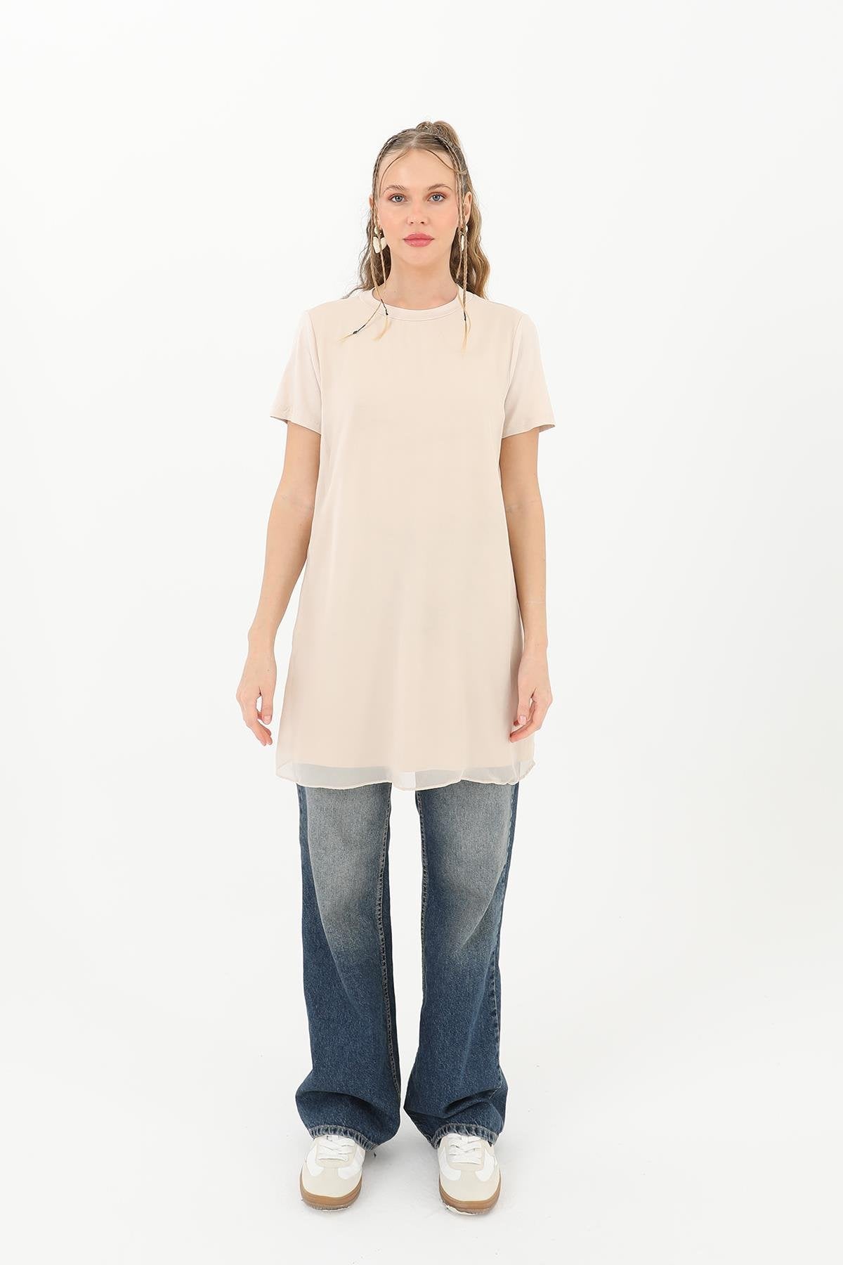 Tül Detaylı Basic Tunik T-Shirt - Bej