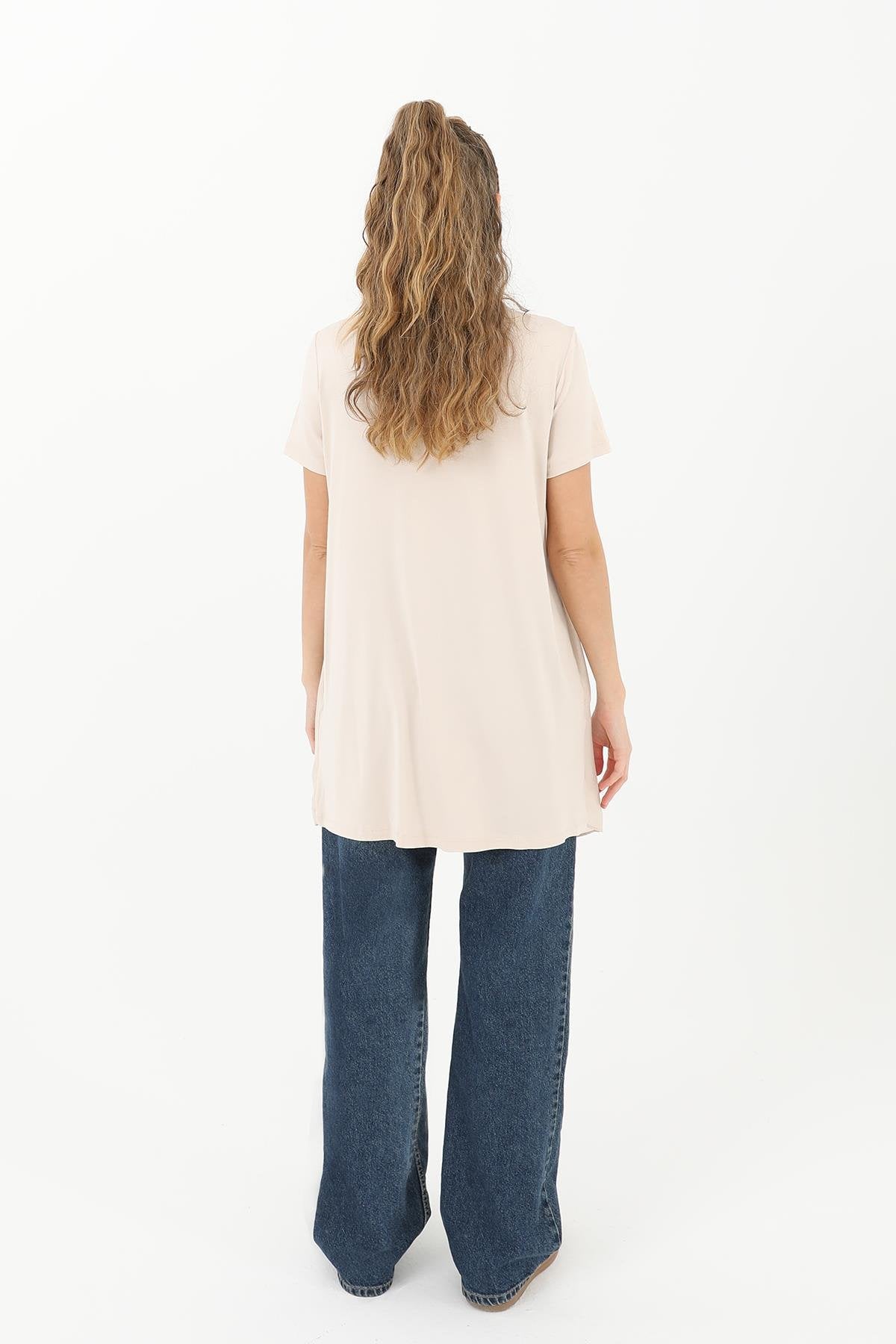 Tül Detaylı Basic Tunik T-Shirt - Bej