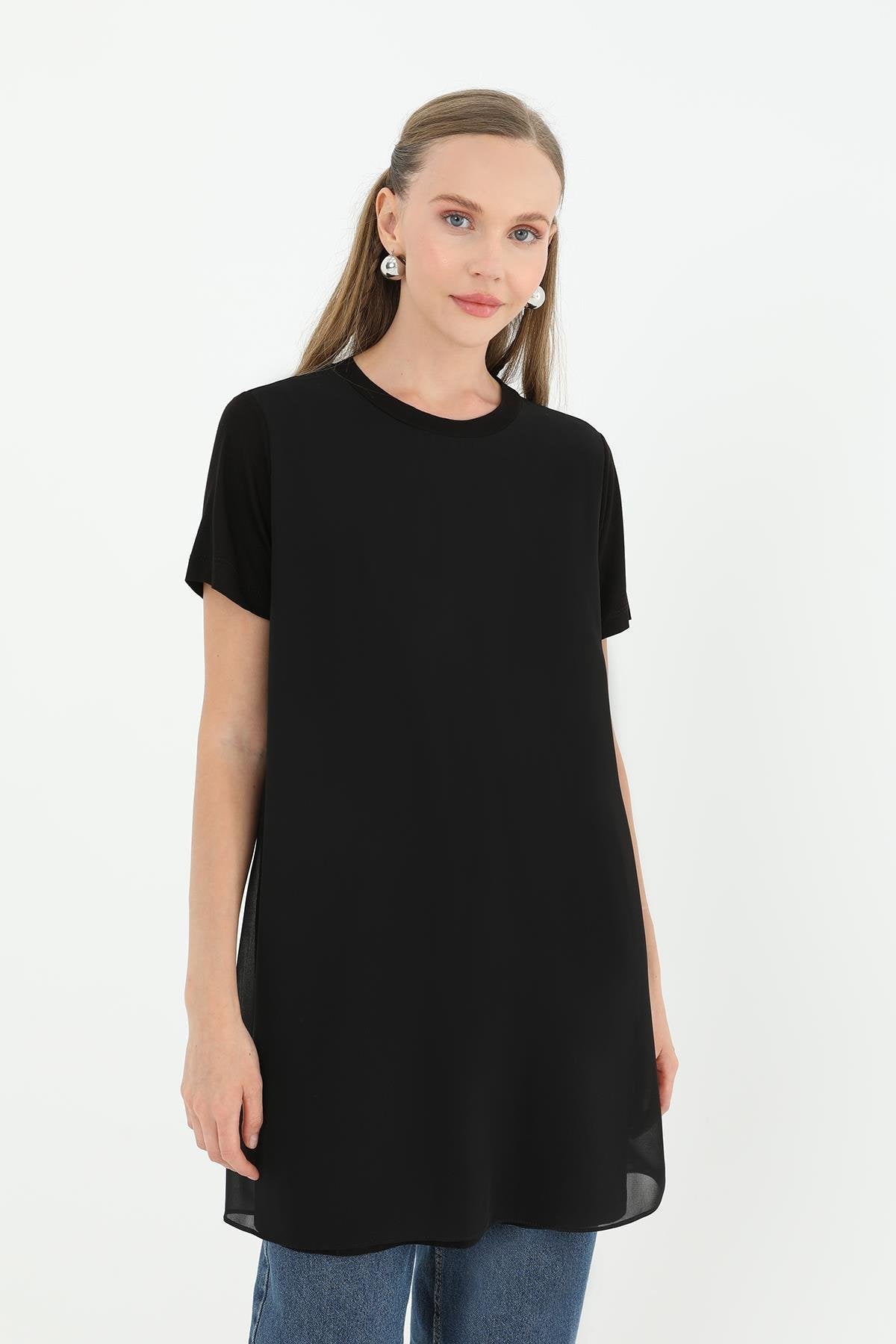Tül Detaylı Basic Tunik T-Shirt - Siyah