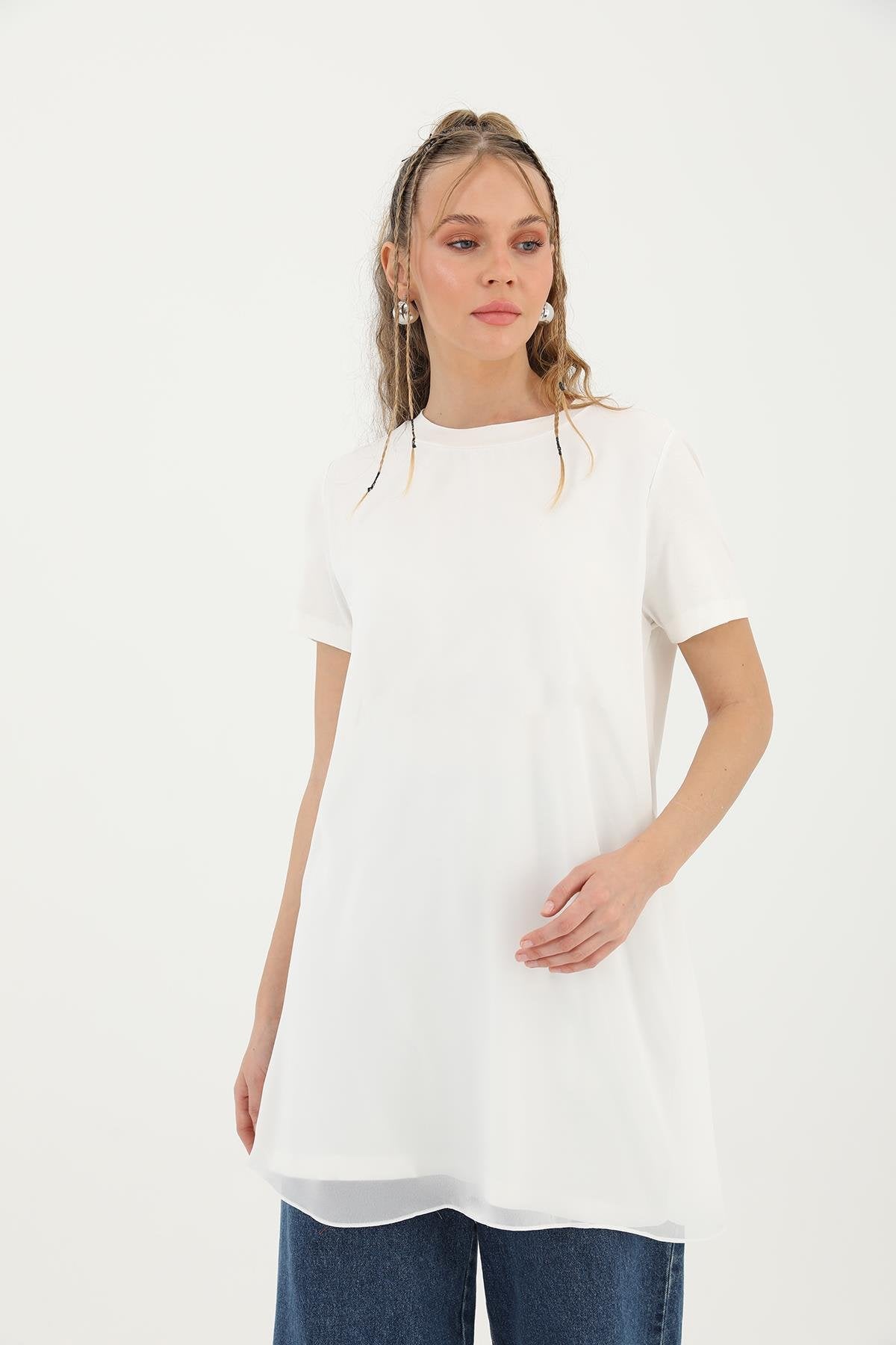 Tül Detaylı Basic Tunik T-Shirt - Beyaz