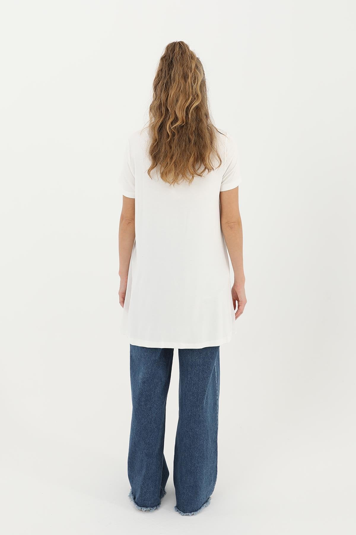 Tül Detaylı Basic Tunik T-Shirt - Beyaz